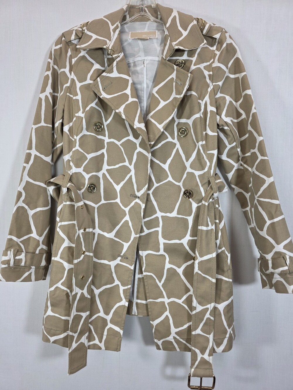 MICHAEL Michael Kors Giraffe Print Belted Trench Coat Petite Small P/S Tan White